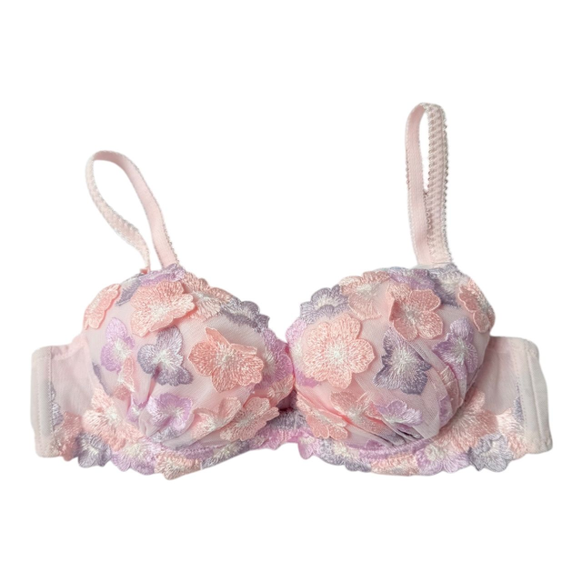 Pink + purple floral appliqué Japanese Bra UK 34A, 32B