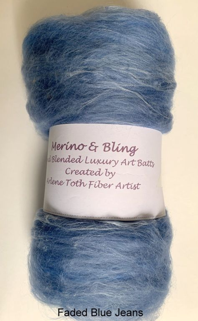 Merino &amp; Bling Luxury Art Batts for Spinning or Felting - Faded Blue Jeans