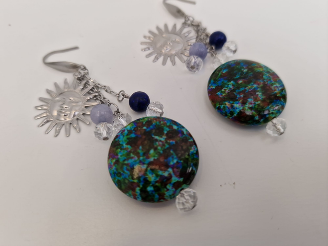 Boucles D'oreilles Acier Soleil Pierre Naturelle Aquamarine Lapiz Lazuli Cristal