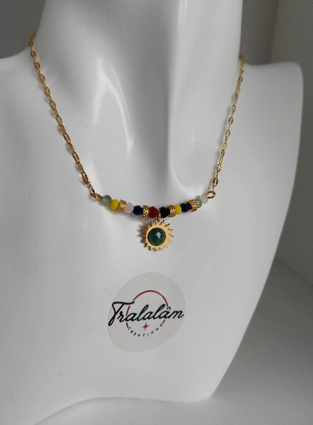  ✨Collier &quot;chaîne fine perles multicolores et jade africain&quot;✨