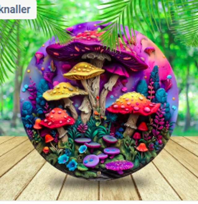 Wanddecoratie metalen bord Paddenstoelen (20cm diameter)