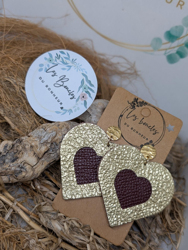 Boucles d&#039;oreilles Double coeur doré bordeaux dc118