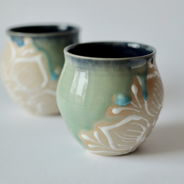 Ceramic cup with Hand-drawn White Flower Pattern, sky blue