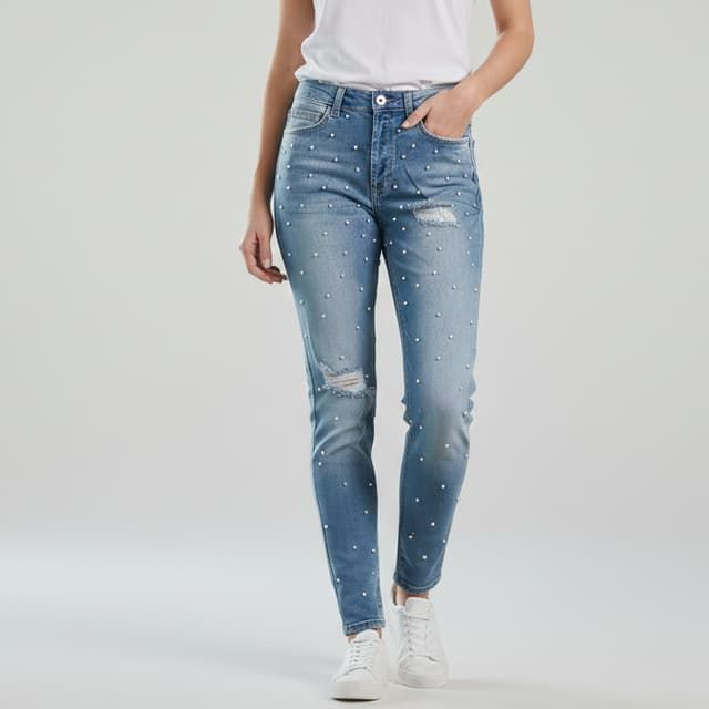 Jean Place du Jour Slim Coton Stretch Bleu avec Perles et Détails Détruits