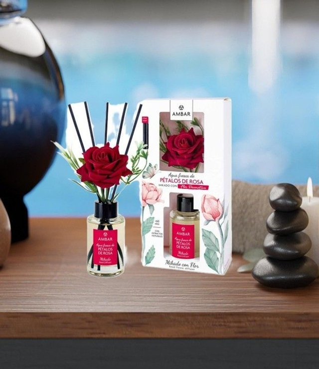 Mikado avec fleur Ambar " Pétales de rose "