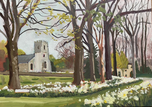 Settrington Church with daffodil approach. 14x10” oil on canvas board.