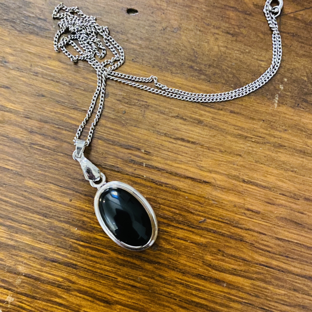 Black Onyx Oval Cabochon Pendant on 18" Sterling Silver Necklace