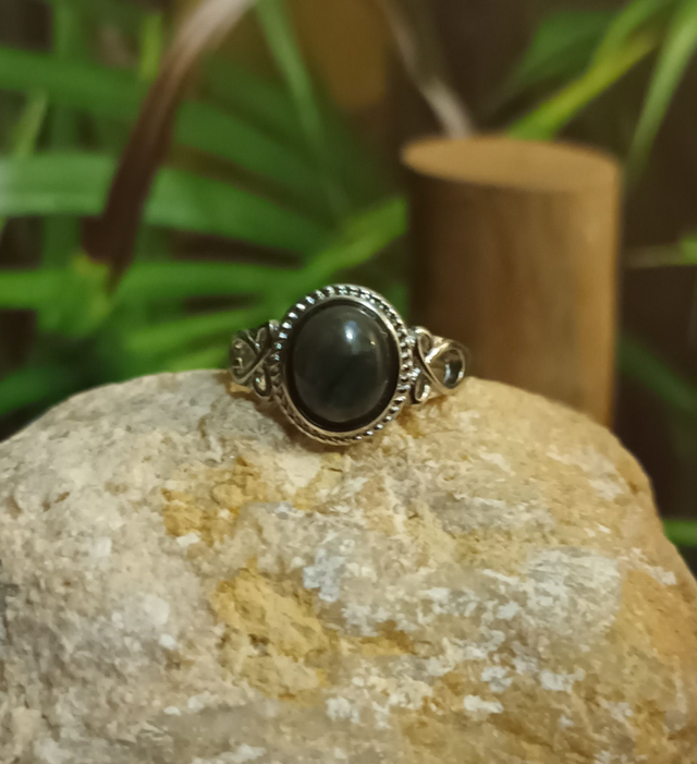 Bague ajustable en labradorite et laiton rhodié