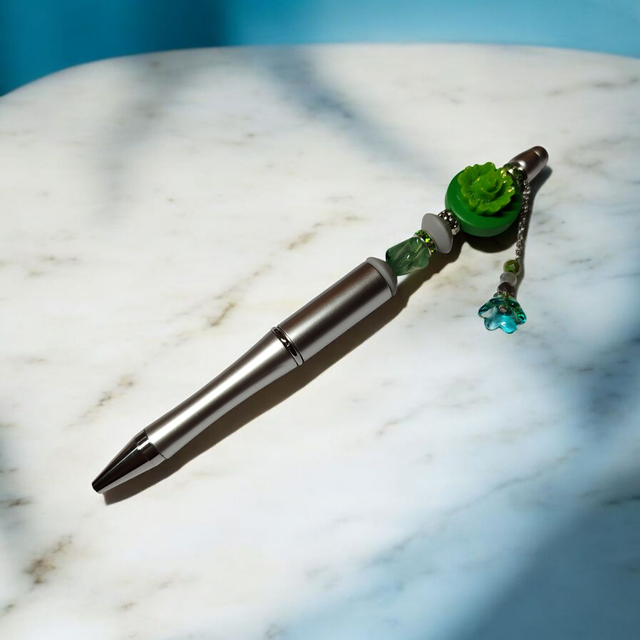 Stylo perles vert argenté
