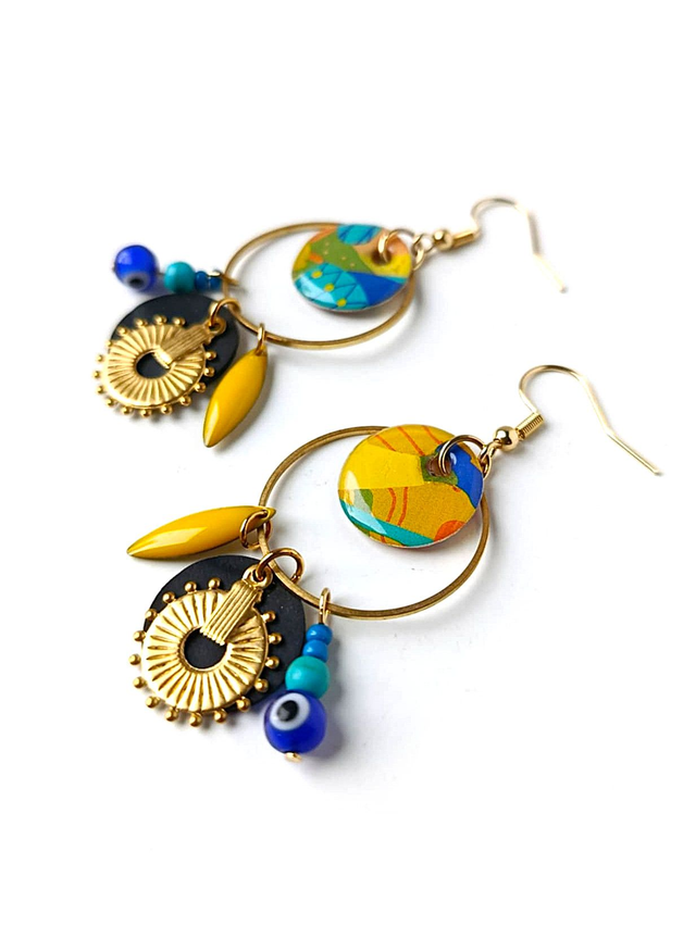 Créoles Upcyclées en Carte de Tarot, Chambre à air de tracteur et Perles Recyclées - Ethniques 