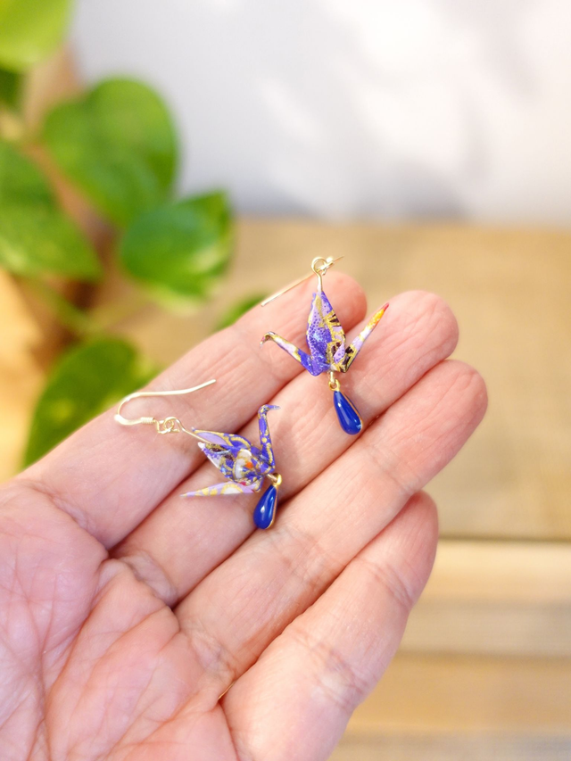 Origami oiseaux, grues / GOLD FILLED, Or laminé / Papier japonais Washi / Violet, or / Boucles d&#039;oreilles / Bijou origami /