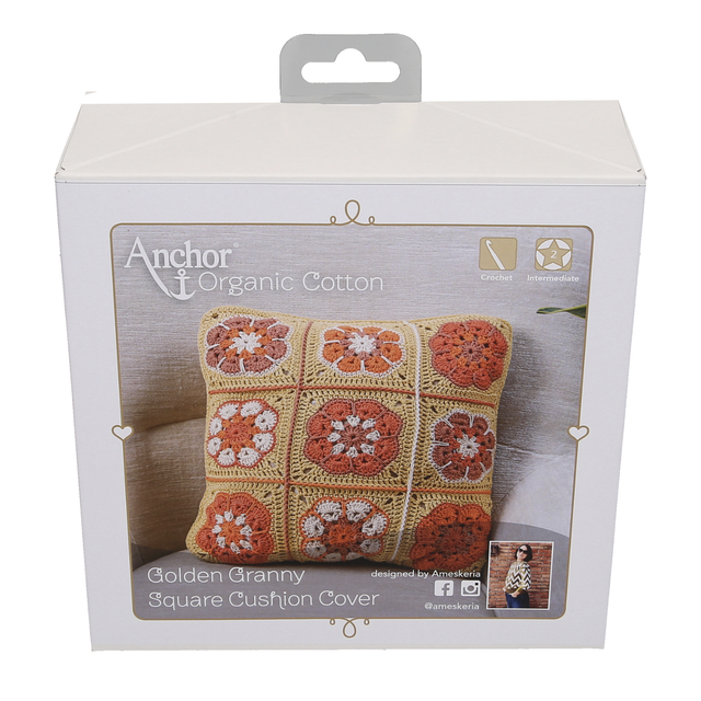 Crochet kit featuring a timeless granny square cushion cover design.