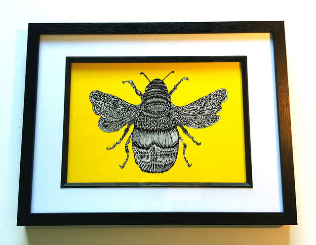 "Bee Happy"  Ink sketched framed Giclée Fine Art print 