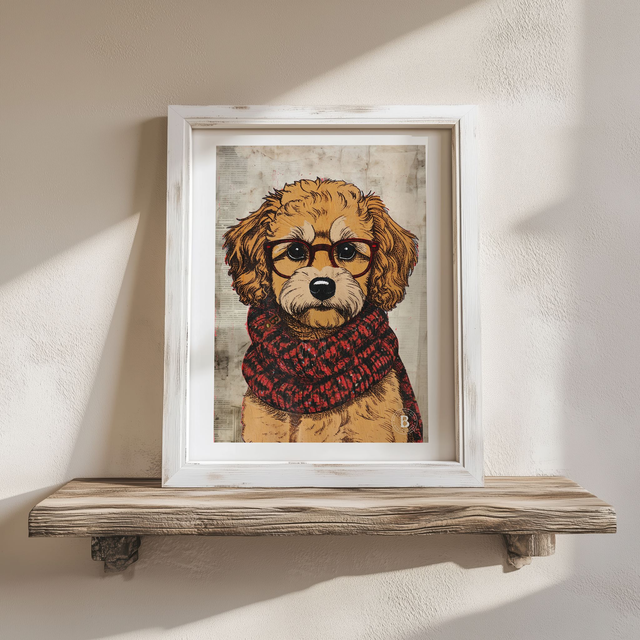 Cavalier Cross Dog In Glasses Mixed Media Art Print A4
