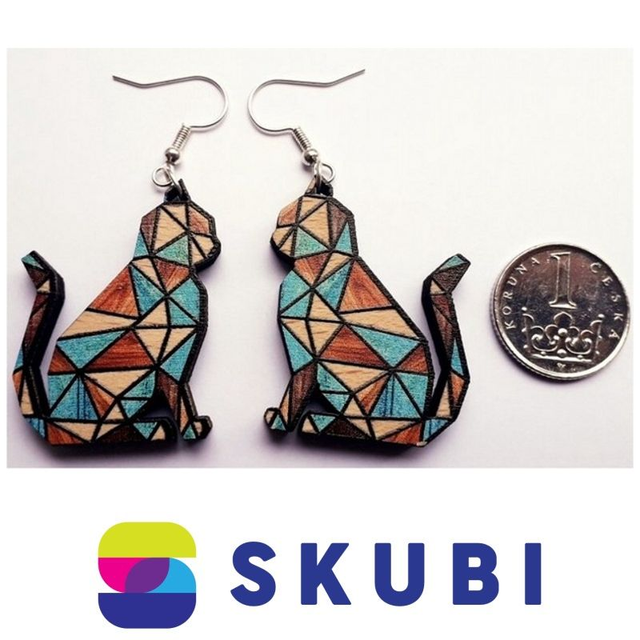 Dřevěné náušnice - Kočka - mozaika (3,5 cm)