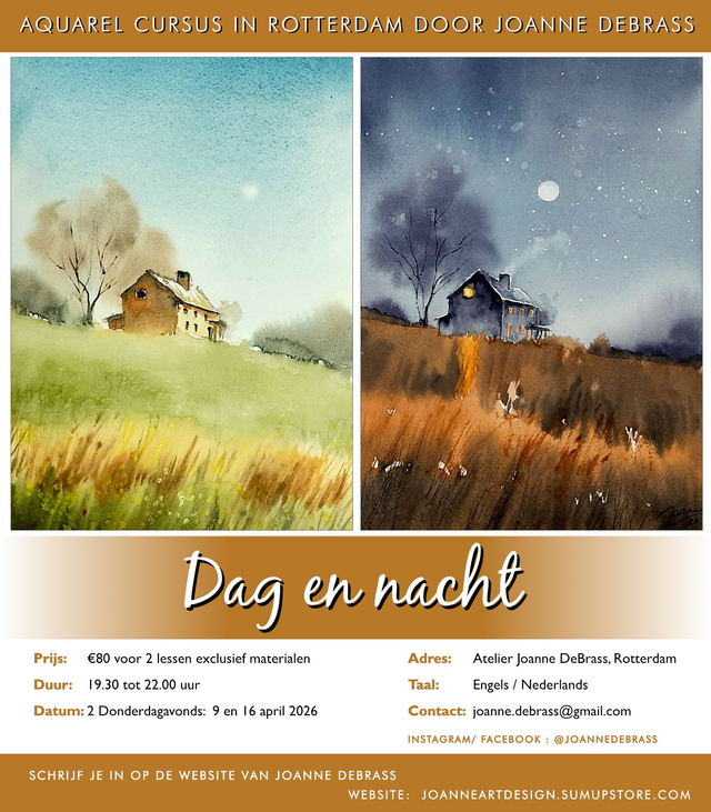 9 en 16 April 2026 van 19.30 - 22.00u Cursus Aquarel - Dag en Nacht _ in Rotterdam