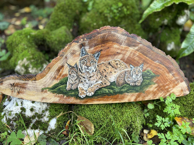 " Le chemin des Lynx " - Peinture Fragment bois unique 45 cm