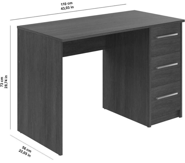 3-drawer office desk, computer desk, Study table 56 x 110 x 73,5 cm Dark Grey