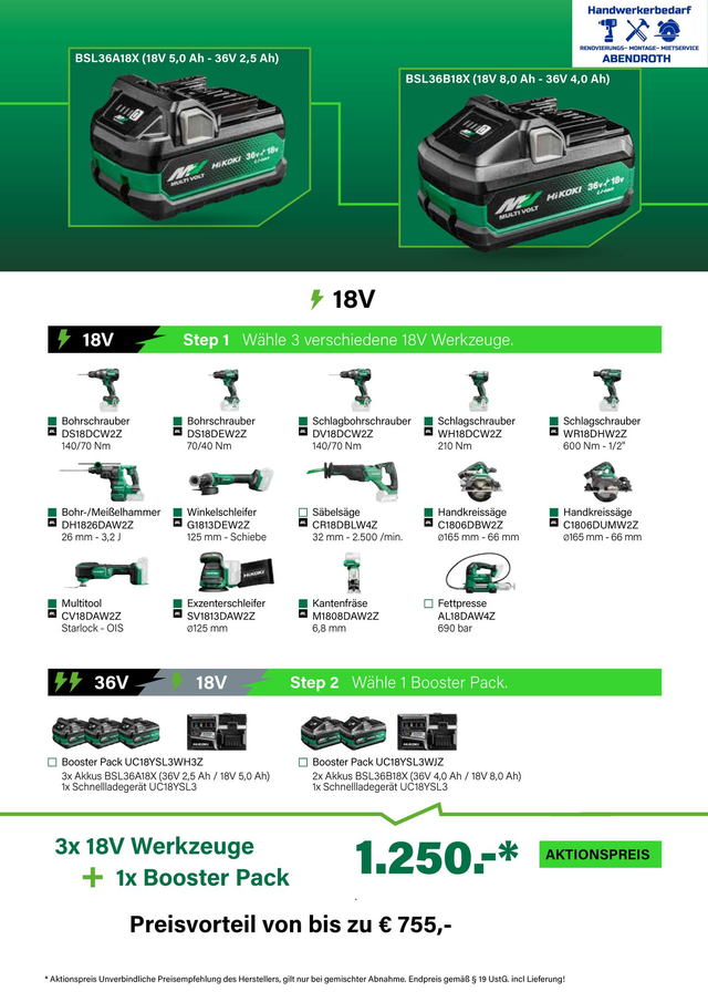 HiKOKI 18V COMBO MIX 3 Verschiedene 18V Werkzeuge + AKKU Booster Pack