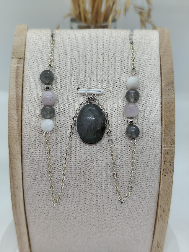 Labradorite, kunzite, quartz rose 