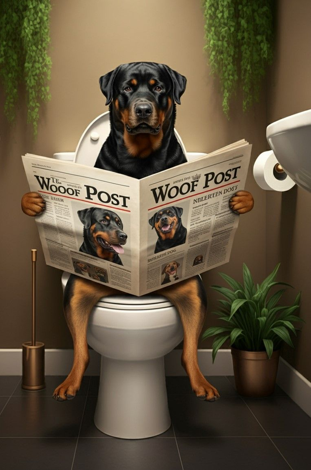 Rottweiler on the Toilet Framed Canvas