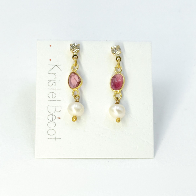 Petite paire de boucles d&#039;oreilles, tourmalines et perles d&#039;eau douce