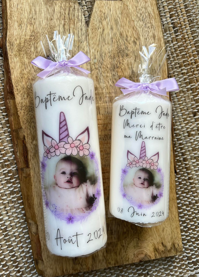 Bougie baptême, communion, naissance personnalisée avec photo et cadre Licorne