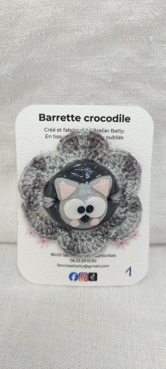 Barrette crocodile Chat Gris