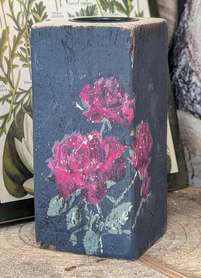 Roses striking pink painterly on navy - Tealight Holder Reclaimed Wood