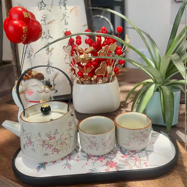 Huang Ru Teapot with Handle +2 Cups +Wisteria Flower Tea Tray【黄汝提梁壶+2杯+紫藤花茶盘】