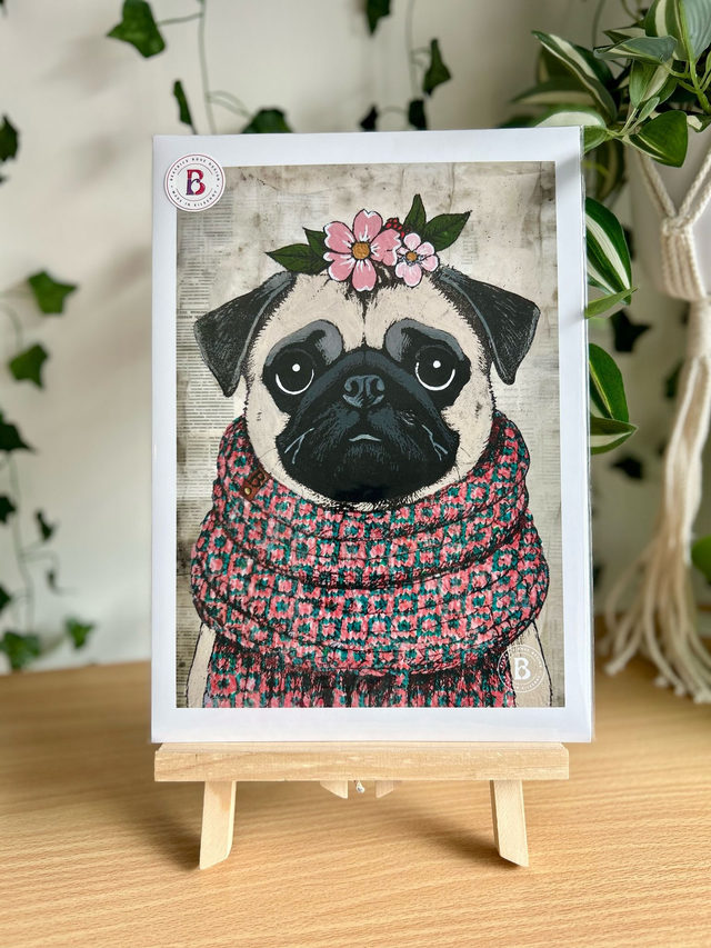 Pug Dog In Floral Mixed Media Art Print A4