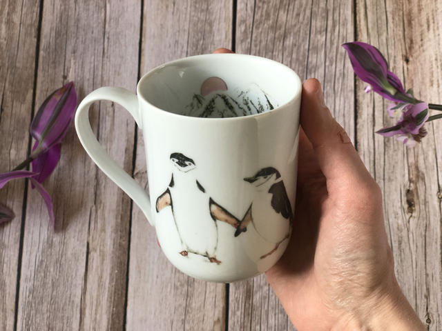 Chinstrap penguins upcycled mug