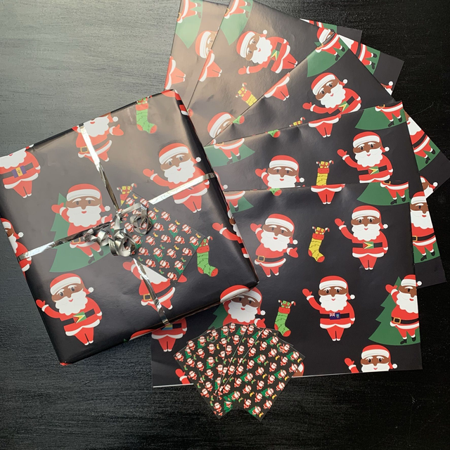 Black Afro Caribbean  Santa Wrapping Paper - 5 sheet Gift Wrap Pack 