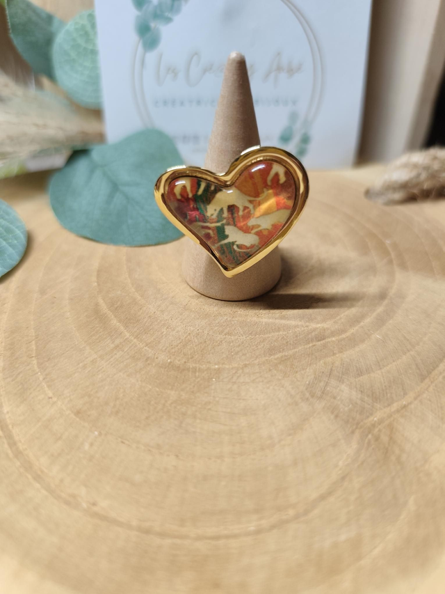 BAGUE COEUR GOLD/MOTIF GUEPARD/ MULTI COLORS/ ACIER INOXY/ AJUSTABLE 0000594