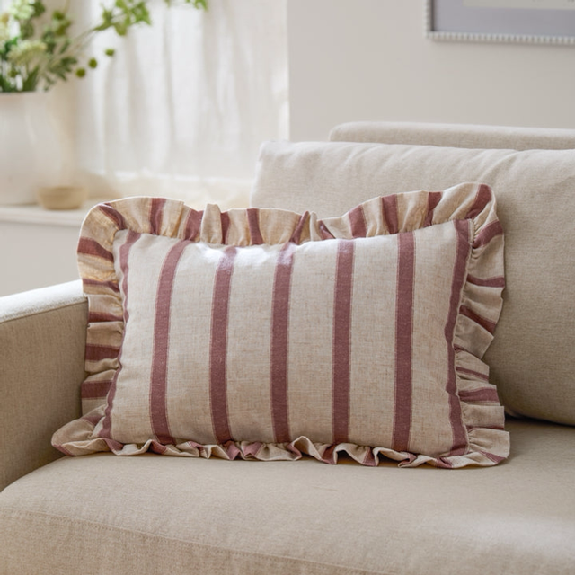 Connie Striped Ruffle Cushion Clay Pink