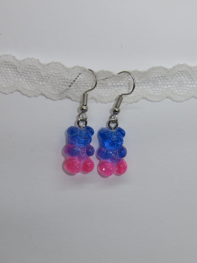 Boucle d'oreille ourson rose et bleu pailleté