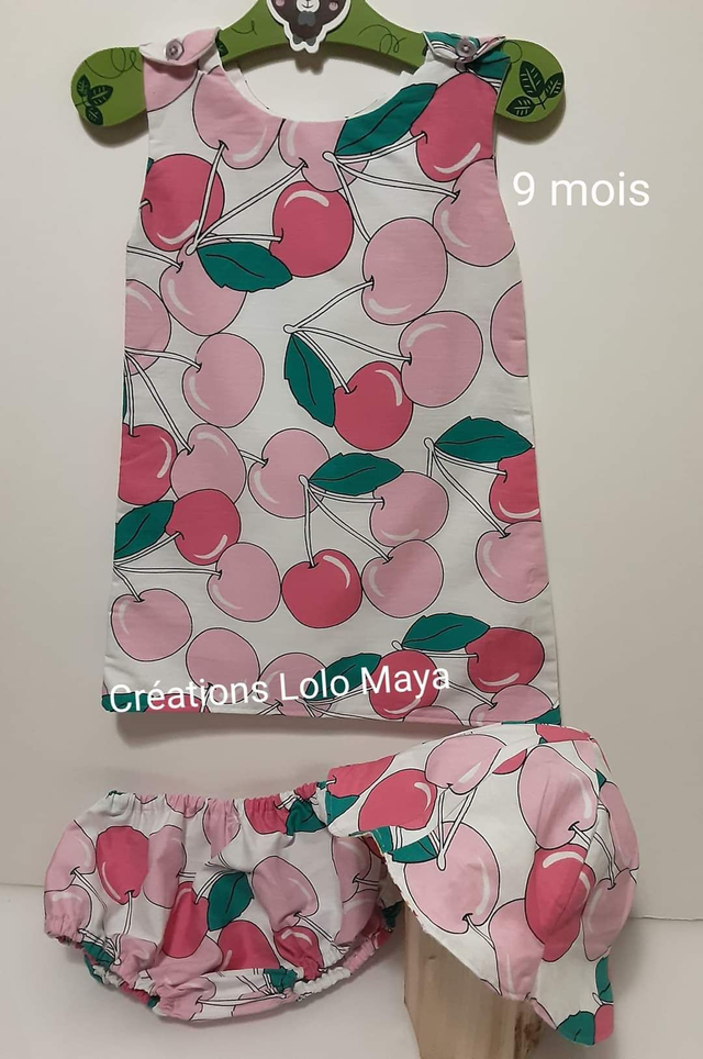 Robe bébé 9M tout coton "Cerise", avec bloomer et bob assortis