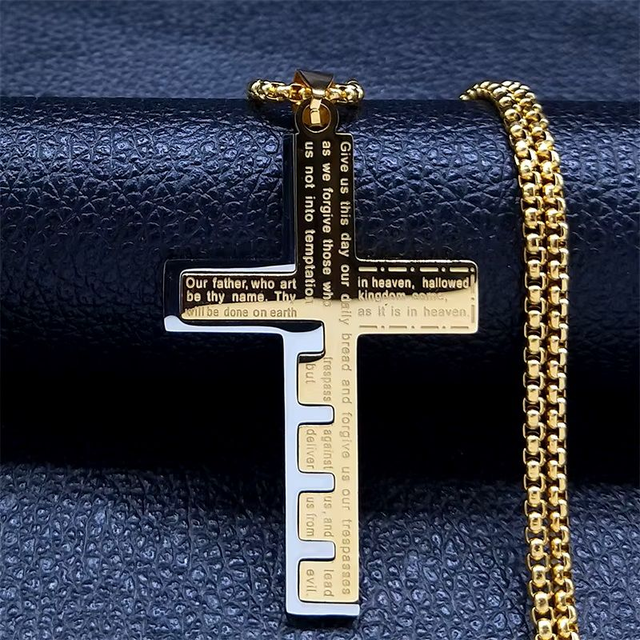 Collier de prière de croix d&#039;église chrétienne pour hommes, acier inoxydable, doré