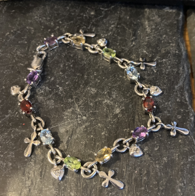 Sterling Silver Multi-coloured Gemstone 7" Tennis Bracelet with cross and hearts charms