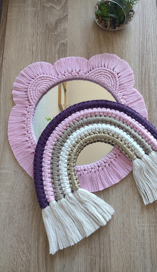 Miroir ourson rose & Arc-en-ciel "Girly" - Déco bohème macramé Fait main - Chambre enfant
