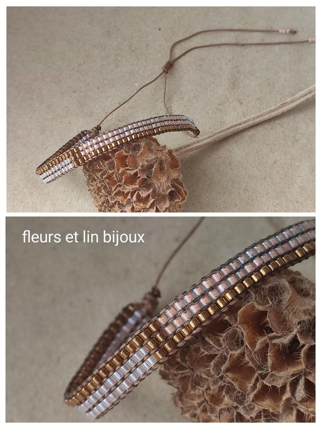 Bracelet tissé main en perles de verre miyuki rosé et cuivre, réglable sur fil de jade résistant en pièce unique 