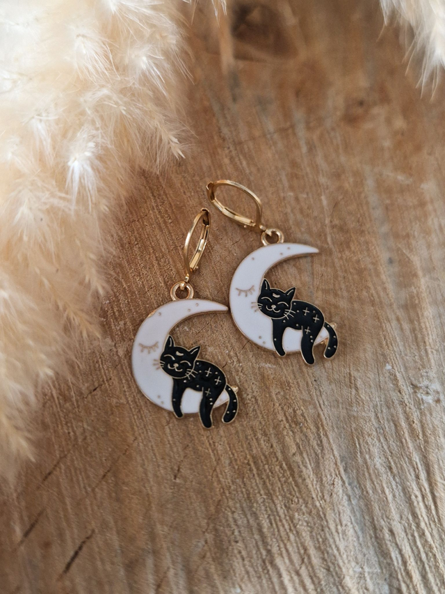 Boucles d'oreilles "Chats noirs & Lunes blanches"