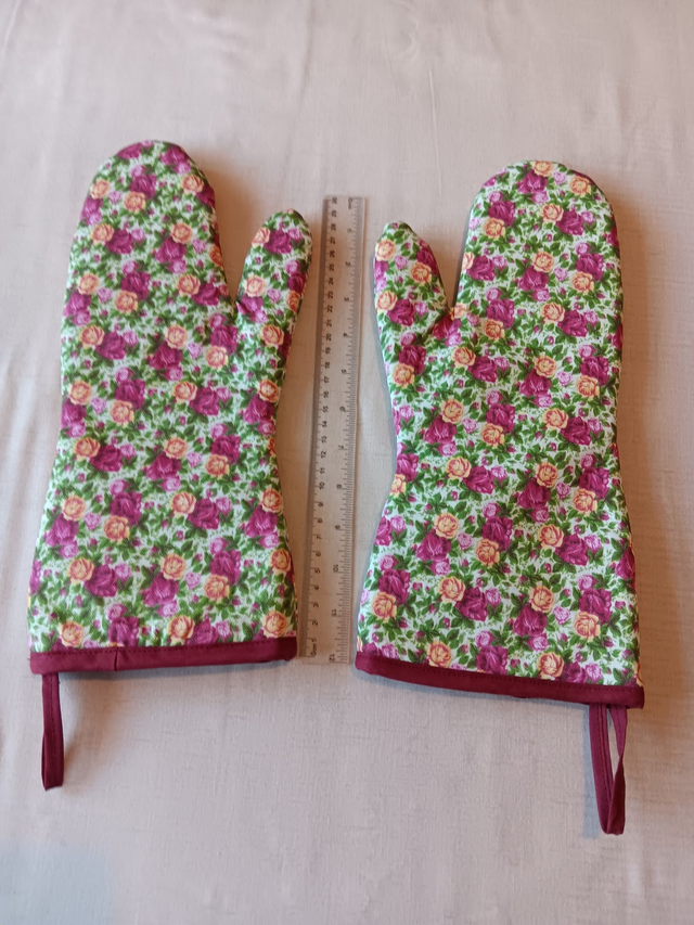 Pair of Oven Gauntlets Red Floral Fabric 