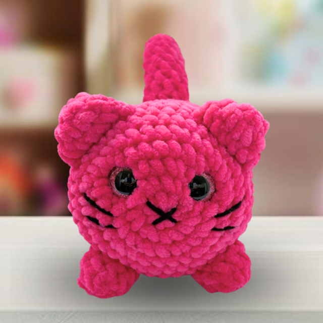 Crochet Chenille Loaf Cat, Hot Pink, Glitter Eyes, ukca Tested