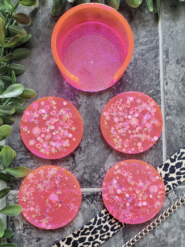 Coasters Set of 4 with Holder - Pink Glitter