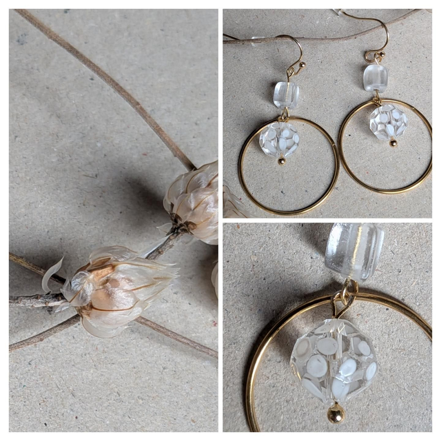 Boucles " transparence "en verre moucheté de blanc et carré en verre mat blanc acier inoxydable doré -sans nickel, pièce unique 