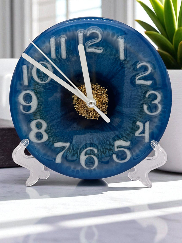 Blue Resin Geode Wall Clock with Gold Center and White Hands, Handmade Silent Clock for Small Modern Home or Office Decor