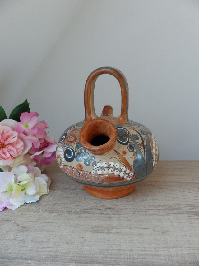 Rare Chevrette Tonala en Poterie – Pichet Décoratif Fabriqué et Peint à la Main au Mexique – Art Populaire Vintage – Vase ou Cruche à Eau