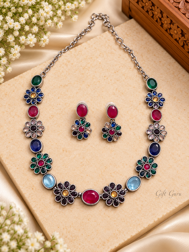 Antique oxidised-plated multicolor floral stone necklace 
