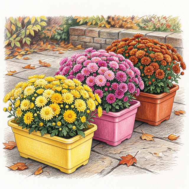 Jardinière de chrysanthèmes pomponettes — Floraison automnale généreuse